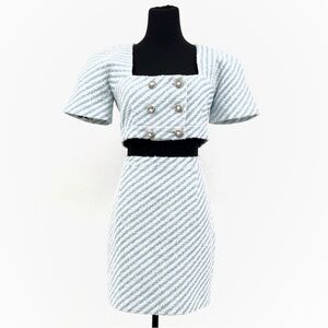 ALESSANDRA RICH Cropped Striped Cotton-Blend Tweed Jacket Skirt Blue Set 44